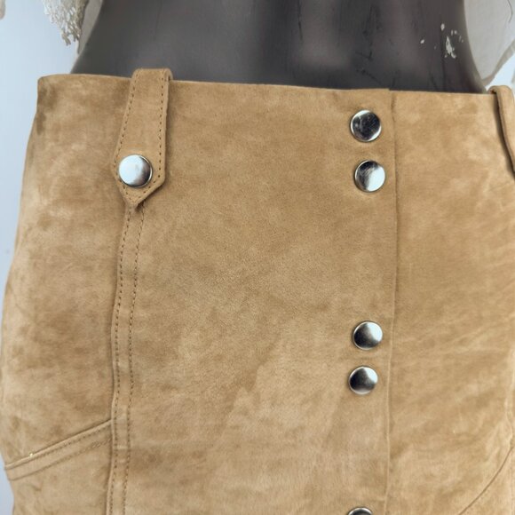 MANGO Genuine Suede‎ Leather Tan Camel Stud Front Belt Loops Lined Mini Skirt S - Picture 5 of 9